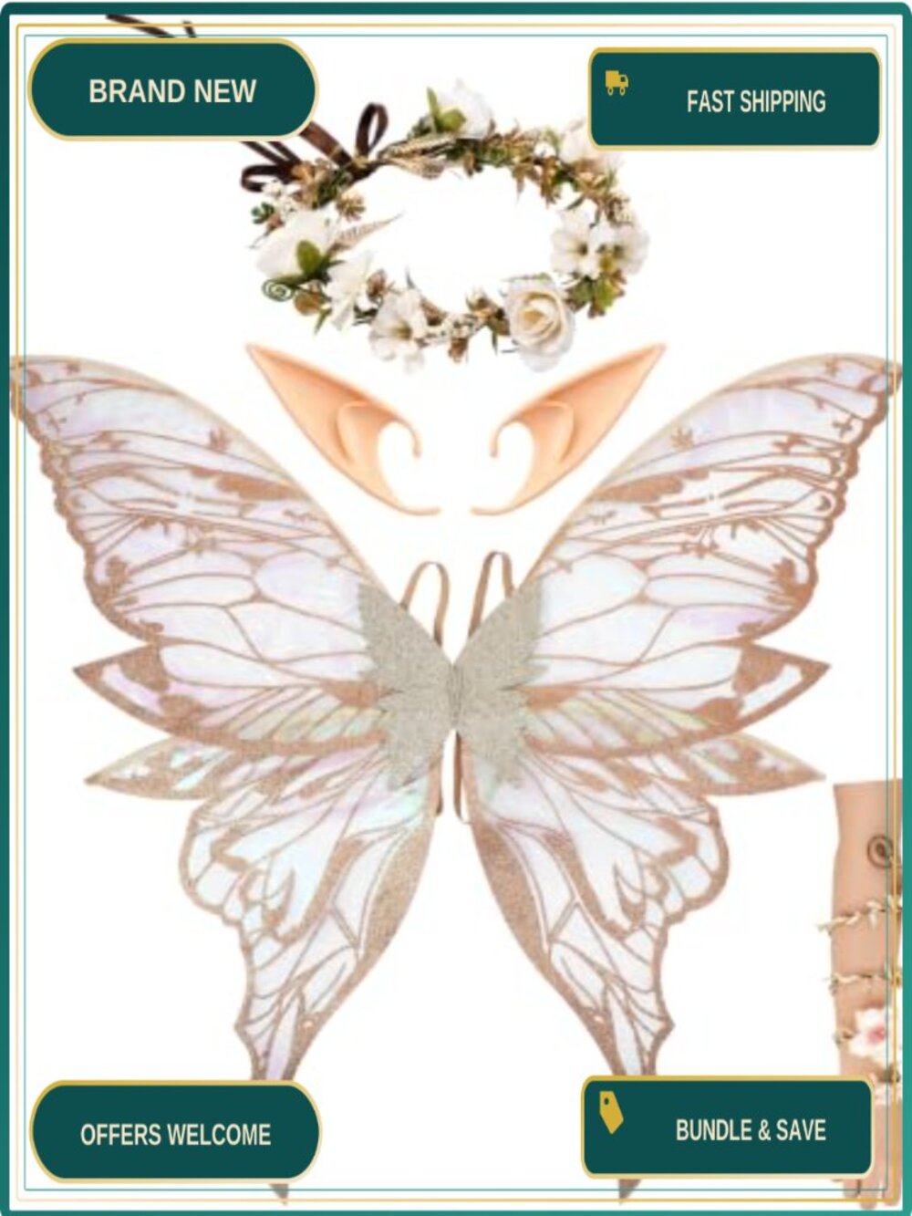 Fairy Wings Adult Butterfly Costume Set Elf Ears Crown Renfaire Halloween